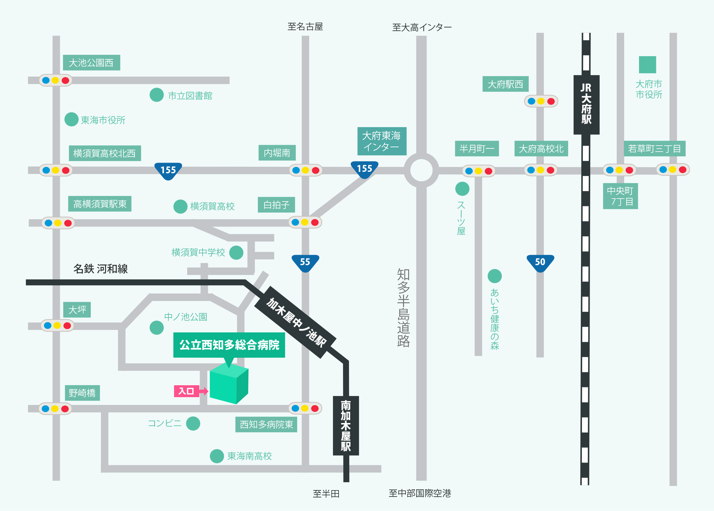 大府市方面からの簡易地図